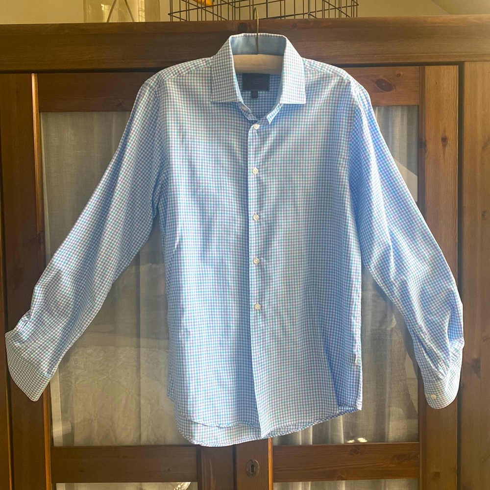 Tattersall blue plaid button down shirt. Size Medium 15- 15 1/2. Sleeves 34/35